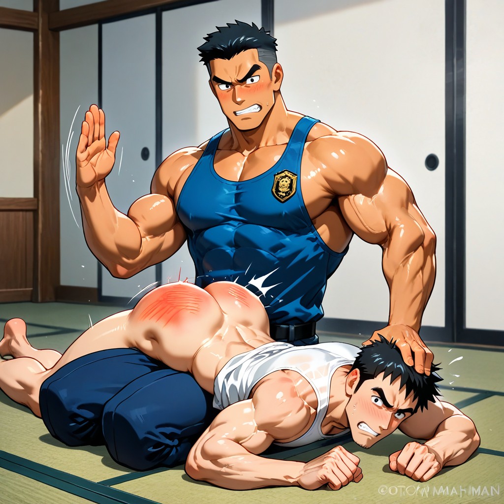 Rounded Ass, A Seiza Position Muscular Policeman Spanking Another Barefoot Man Over The Thighs With His Ass, Handsome Face AI Gay Porn