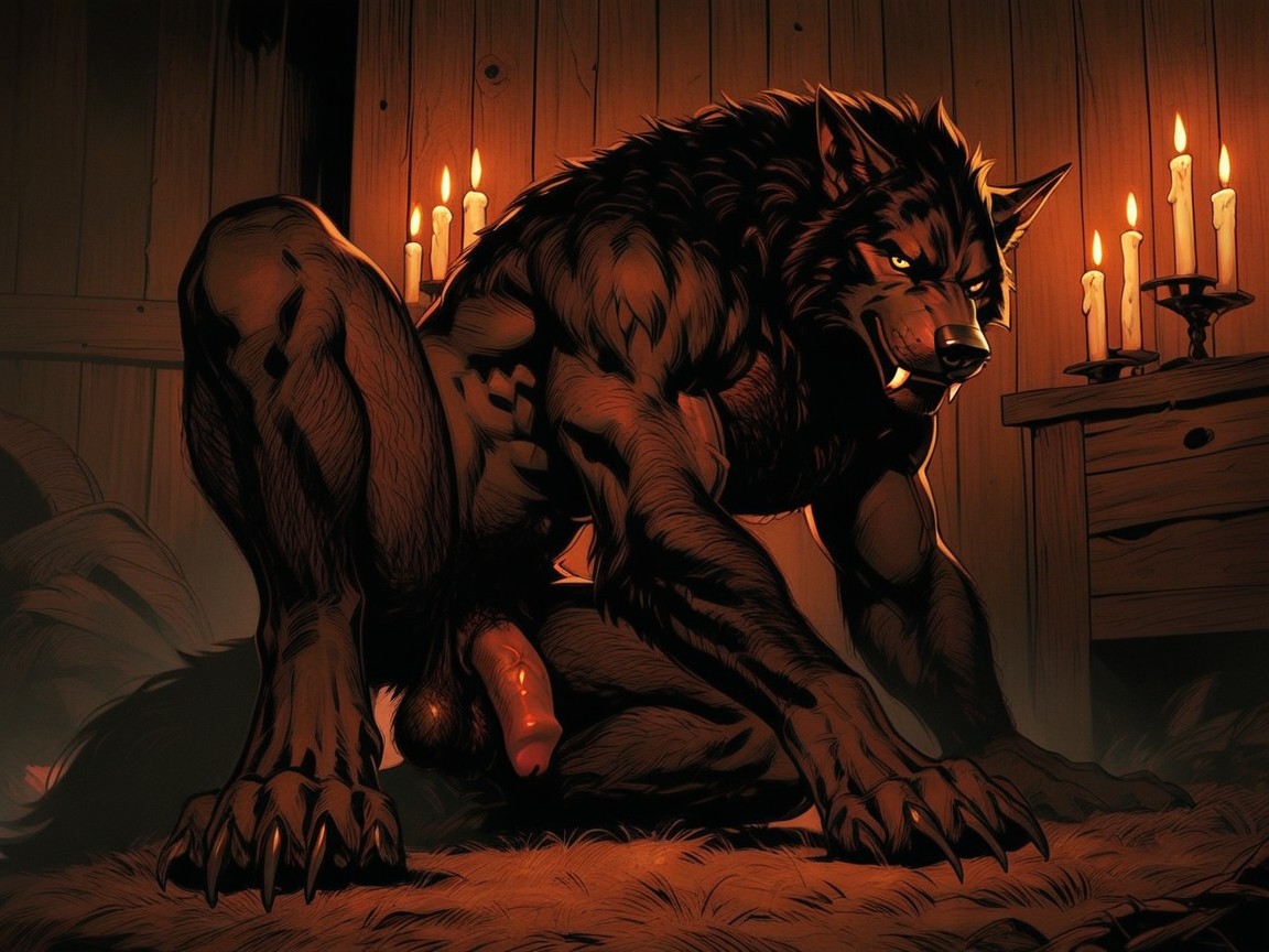 Yellow Eyes, Detailed Brown Fur, Red Veiny Cock Poking Out Of The Furry Sheath AI Gay Porn