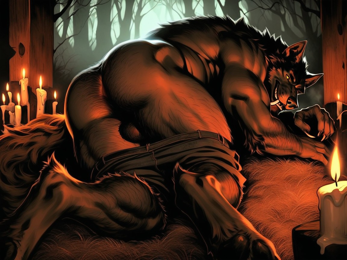 Yellow Eyes, Werewolf's Pants Pulled Down Below The Knees, Hyper-realistic AI Gay Porn
