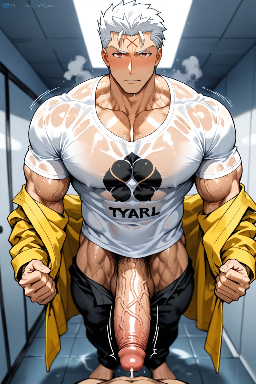 Big Dick, X Mark Across Forehead, Roll Up Own T-shirt AI Gay Porn