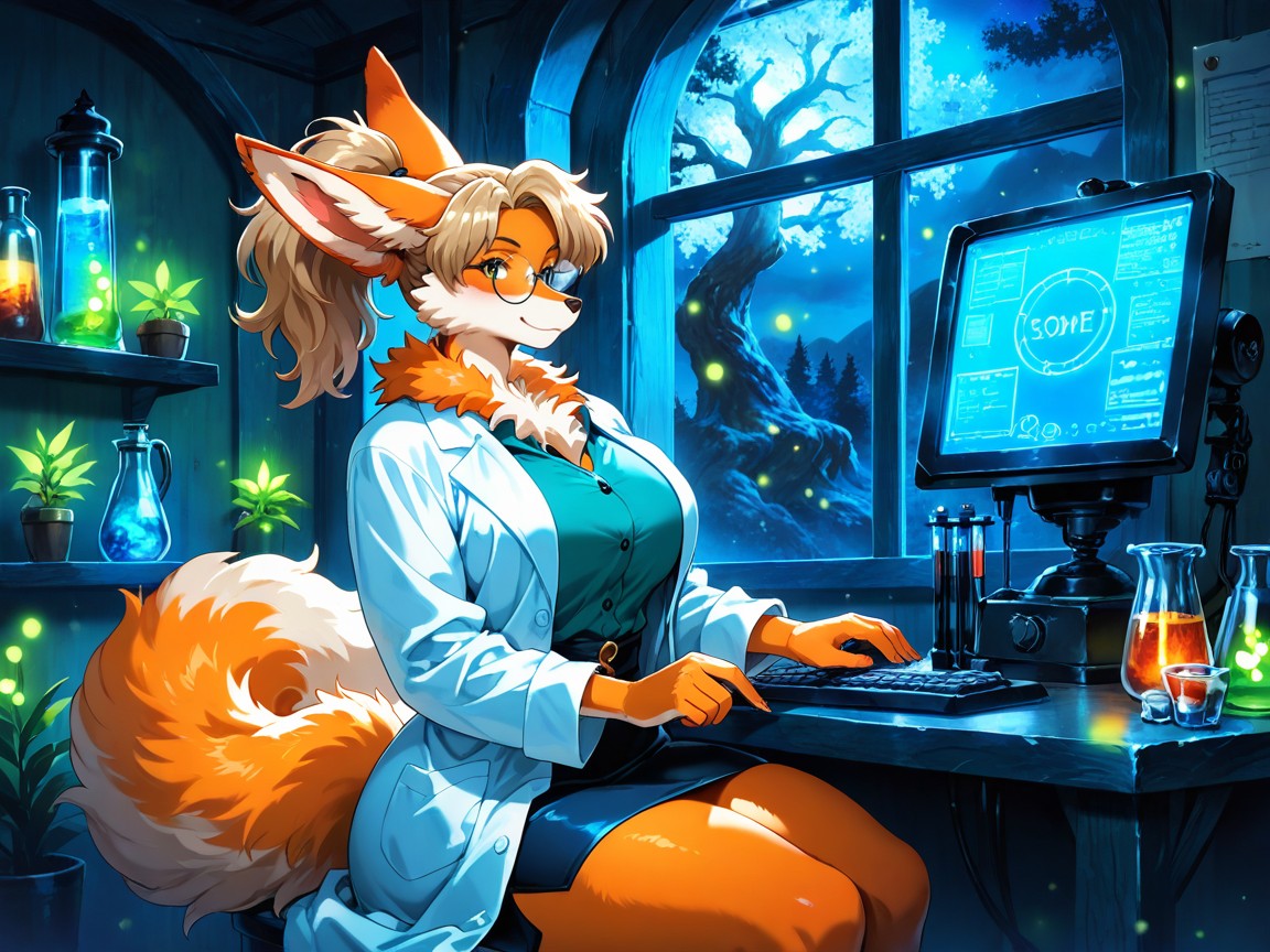 Woman A Magical Forest Laboratory Inside A Giant Glowing Tree, Hopeful, Mini Skirt AI Gay Porn
