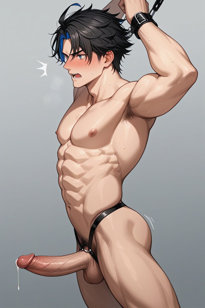 Erect Penis Jutting Straight Forward At Degrees, Massive Bulging Penis, Arms Up And Pulled Back To Expand Pecs AI Gay Porn