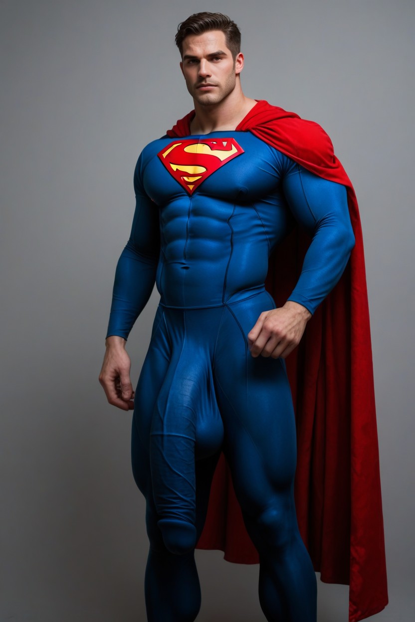 Fully Clothed Superman With Giant Bulge Outline Under Clothes, Tasteful Photo, Fully Covered AI Gay Porn