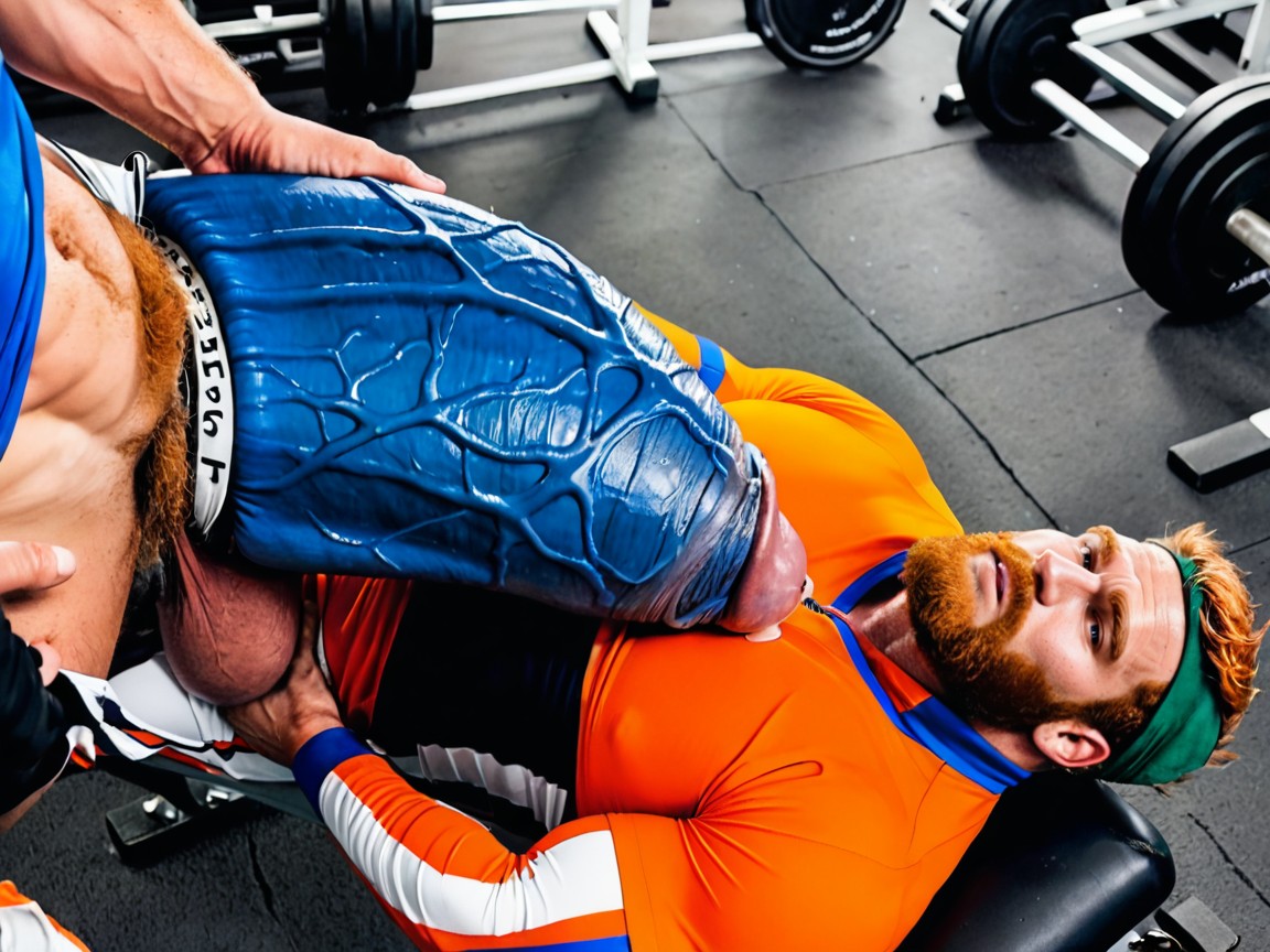 Penis Next To Face, Muscular Man Is Wearing A Compression Shirt But No Pants And No Underpants, Dick So Much Bigger Than His Face AI Gay Porn