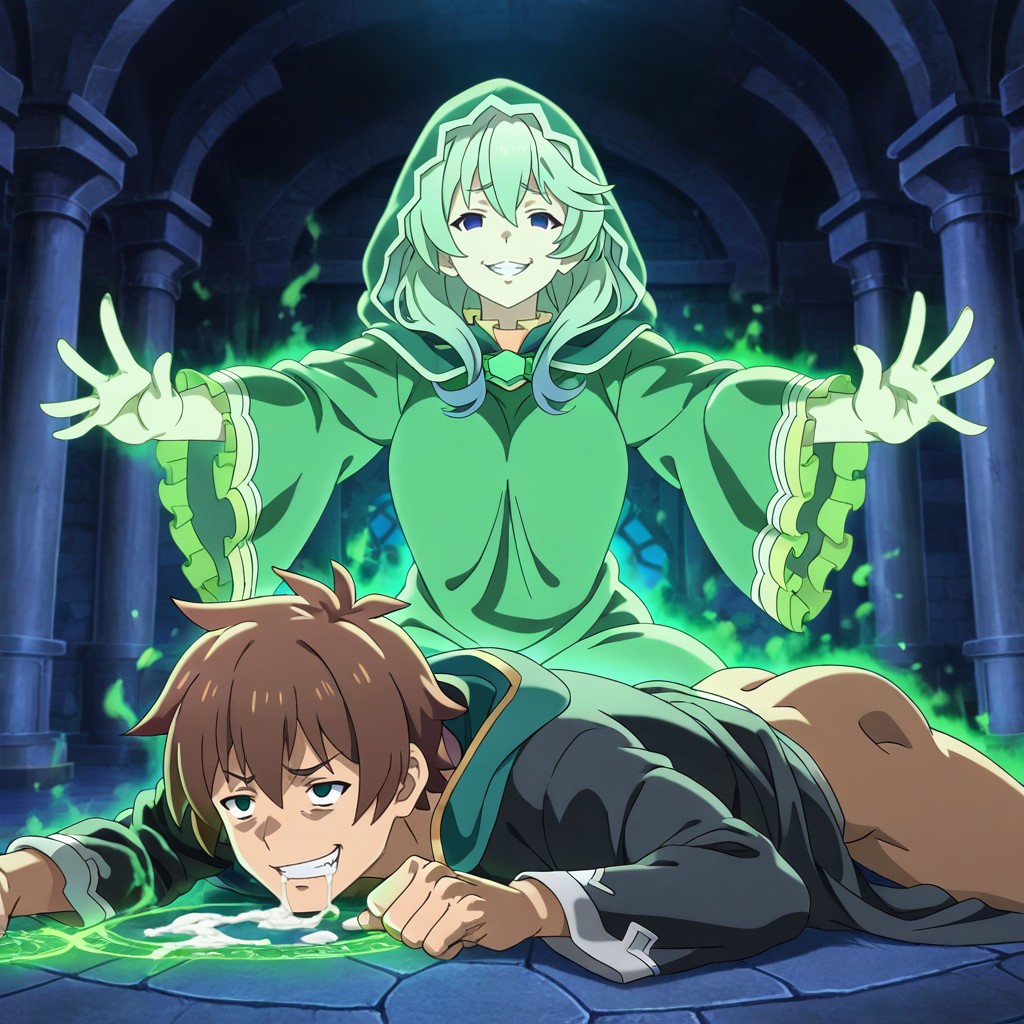 Detailed Background Blur, Exaggerated Fatigue, Exhausted Satou Kazuma Lying On His Stomach Porno gay IA