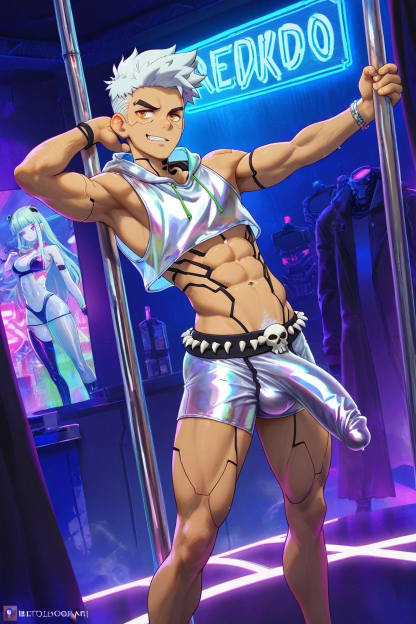 Long Bulge, Cyberpunk Hacker, Tanned Skin AI Gay Porn