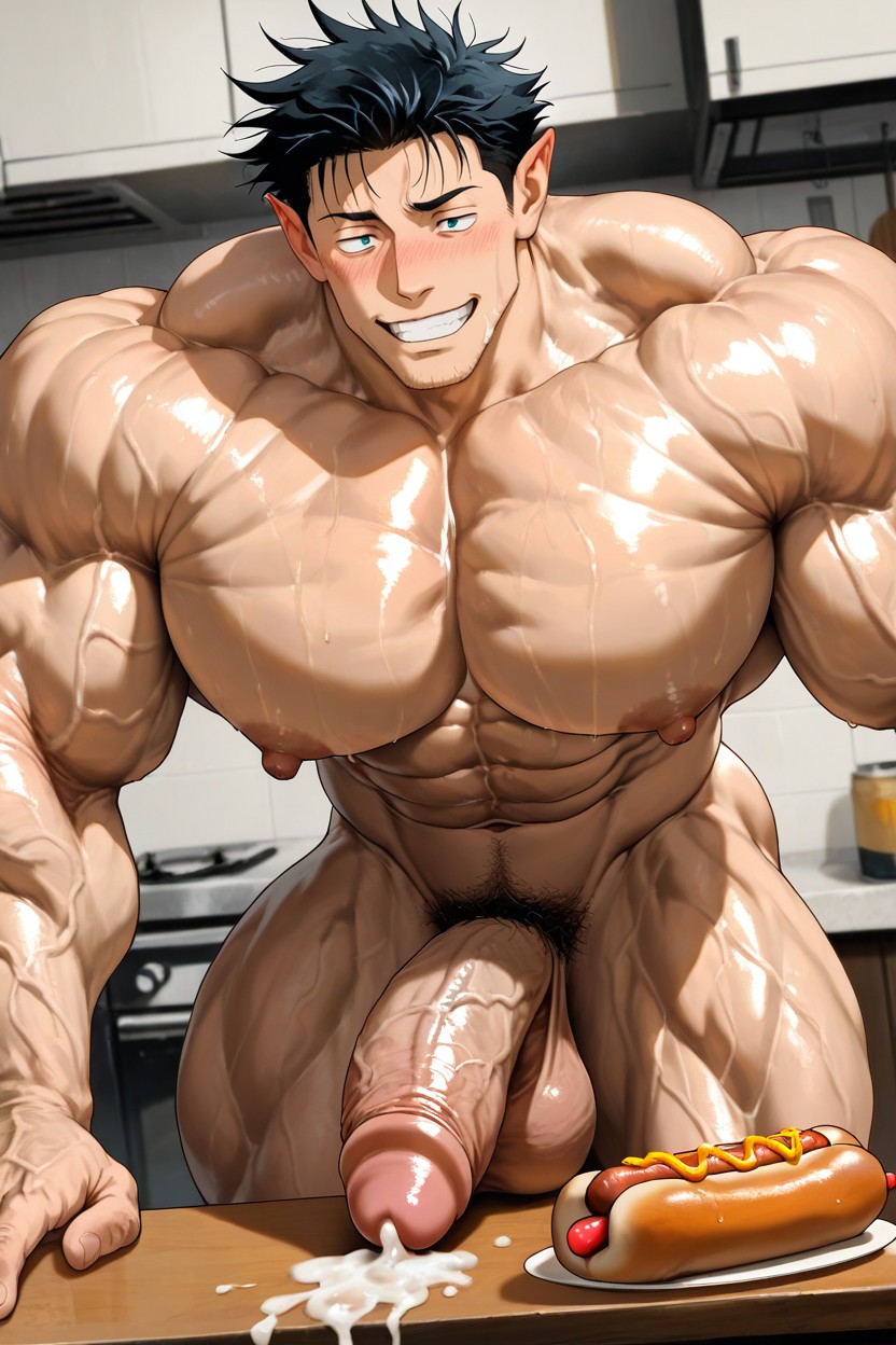 Vivid Cinematic Light Casting Rembrandt-style Deep Shadows On His Massive Bulking Body, Hotdog, Beitemian Art Style AI Gay Porn