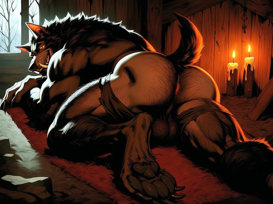 18+, Werewolf Is Grinning Seductively Looking Back At The Viewer Longingly, Detailed Skin Texture AI Gay Porn
