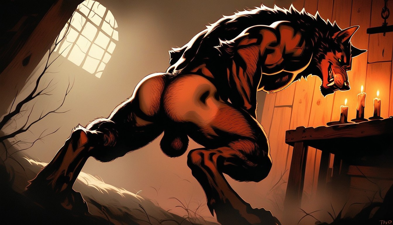 Werewolf Legs Spread, Hard Shadow, Pink Butthole Visible AI Gay Porn