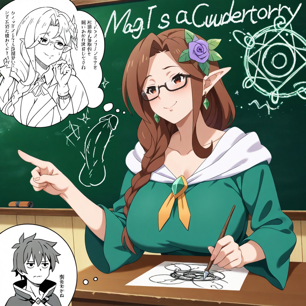 Rosetta From Granblue Fantasy, Rounded Breasts, Standing At A Chalkboard In A Magic Laboratory AI Gay Porn