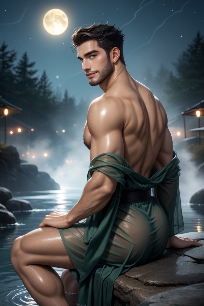 Wet Skin, Full Body, Green Eyes AI Gay Porn