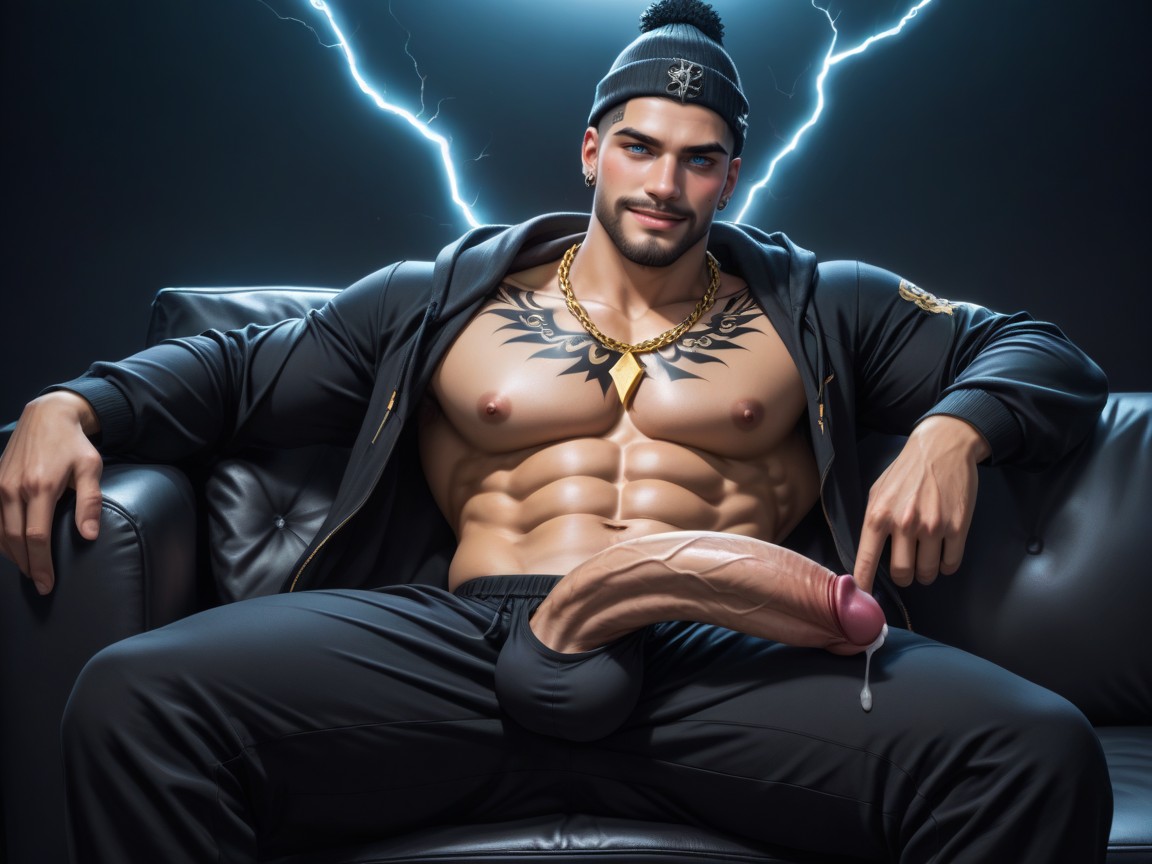 Lightning Tattoos, Electricity Powers, God Of Thunder As Virile Rugged Aggressive Latino Gangster AI Gay Porn