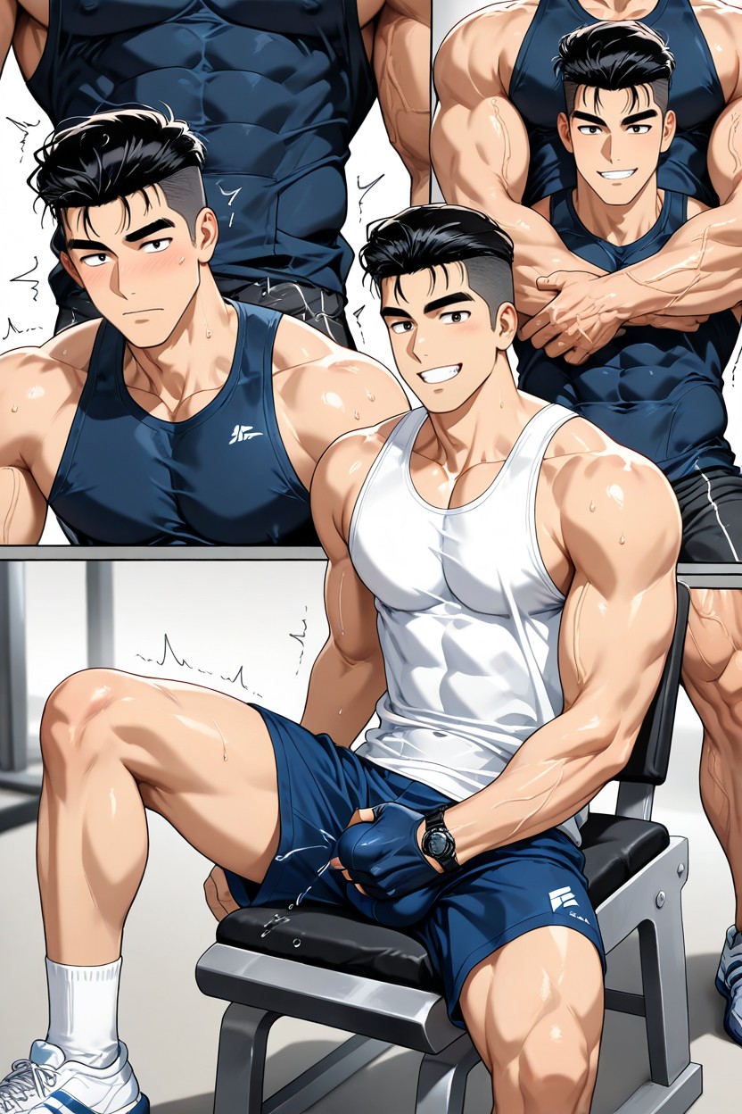 Only Wearing Transparent White Tight Singlet, Pull Singlet Up Show Abs With Hand, Anime Manhwa Style AI Gay Porn