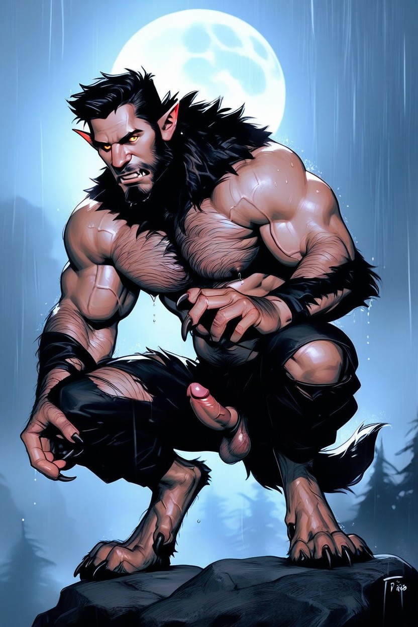 夜, Image Of A Muscular Werewolf Transforming, The Werewolf Crouching ゲイAIポルノ