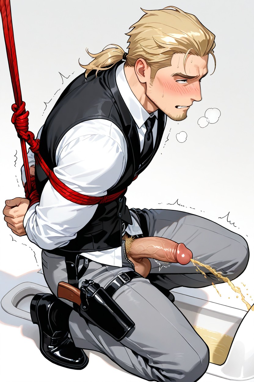 Masculine Jawline, Blonde Beard Stubble Facial Hair And Blonde Goatee, Pissing Into Squat Toilet ゲイAIポルノ