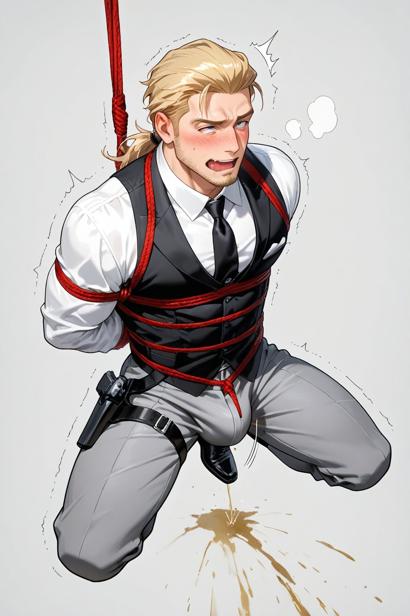 Masculine Jawline, Black Tie, Piss Stain On Pants ゲイAIポルノ