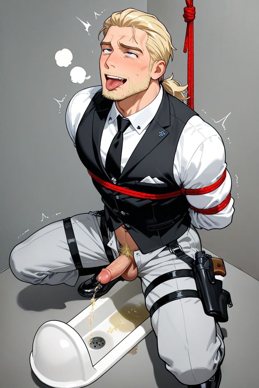 Urinating Urine, Blonde Hair, Slicked Back Low Ponytail Hairstyle AI Gay Porn