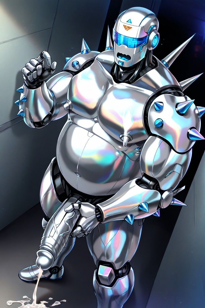 Silver Sci-fi Robotic Mask Screen With Visor, Big Robotic Joints In All His Limbs, 脂肪 ゲイAIポルノ
