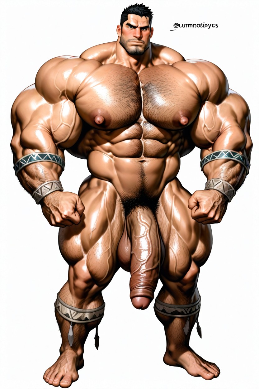 Hyper-muscular, Powerful Thick Thighs, Focused Expression While Giving Blowjob AI Gay Porn