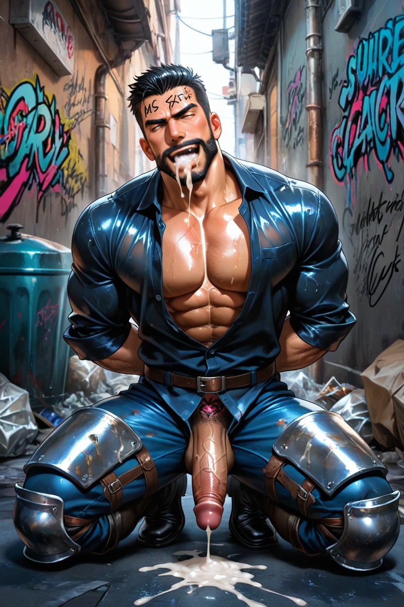 Lots Of Trash, Cumming, Pants Unbuttoned AI Gay Porn
