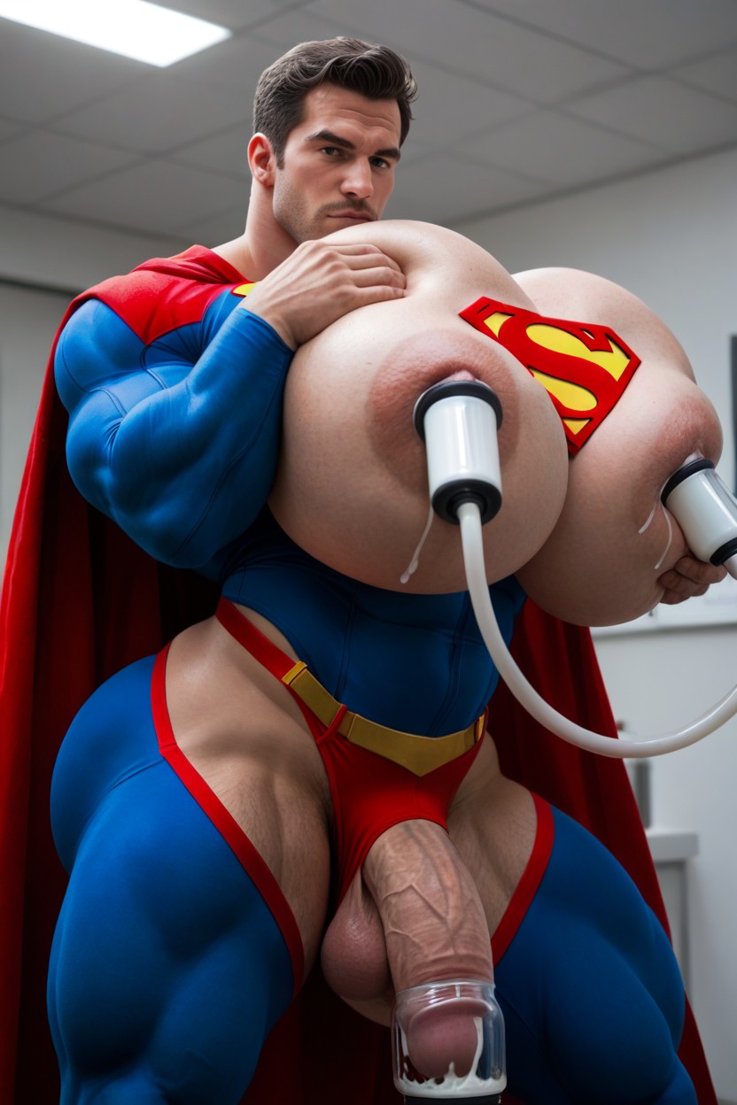 Squeezing Boobs Together, Superman Suit, Erect Gigantic Penis AI Gay Porn