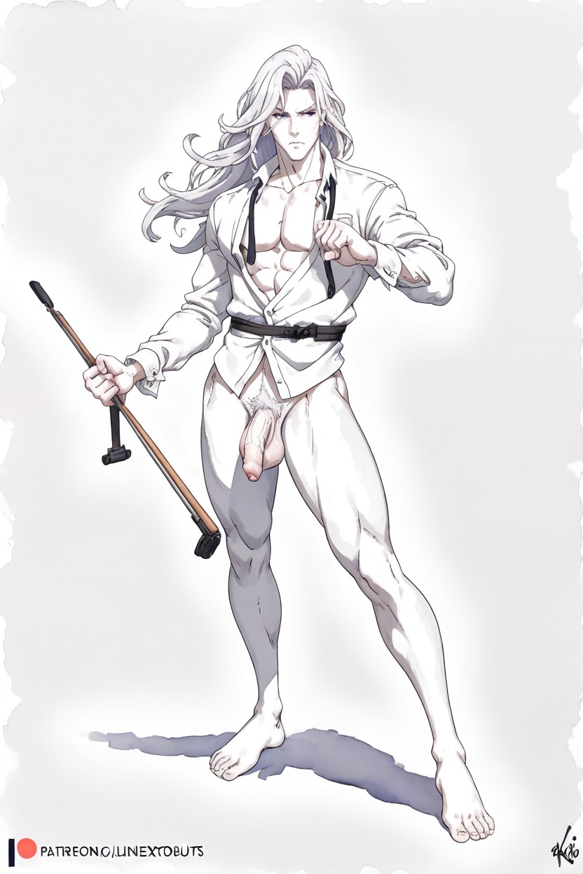 White Long Hair, Masculine, Front View AI Gay Porn