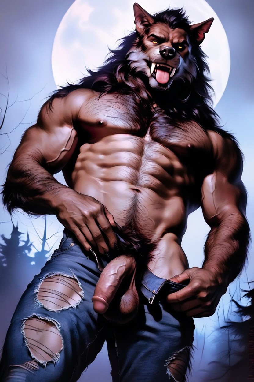 Werewolf's Balls Covered In Fine Hairs, Werewolf, Intense Yellow Eyes ゲイAIポルノ