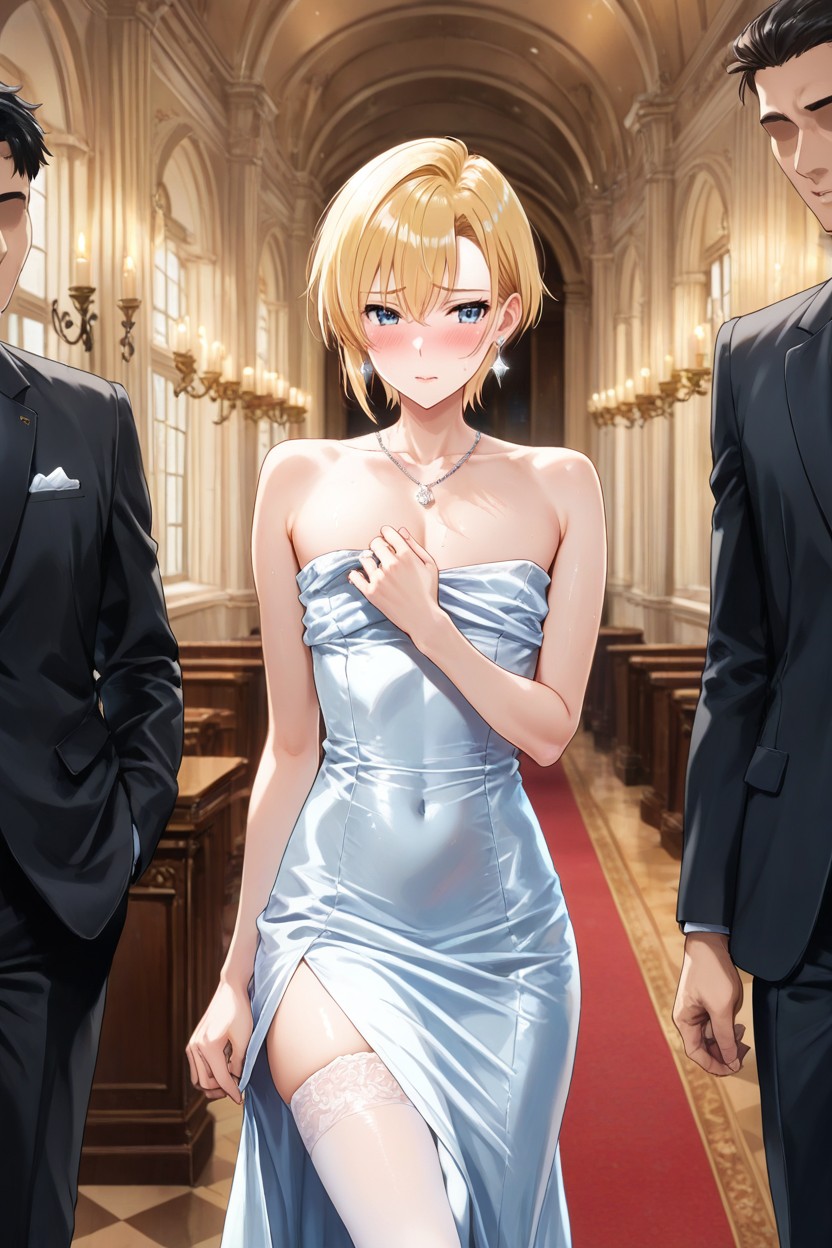 Surrounded By Men, White Dress, Faceless Men ゲイAIポルノ