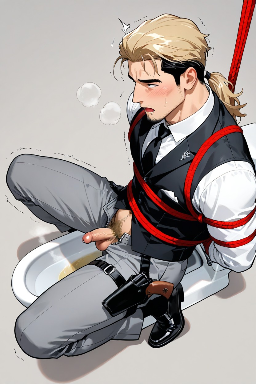 Urinating, Pissing In Squat Toilet, Blonde Hair ゲイAIポルノ