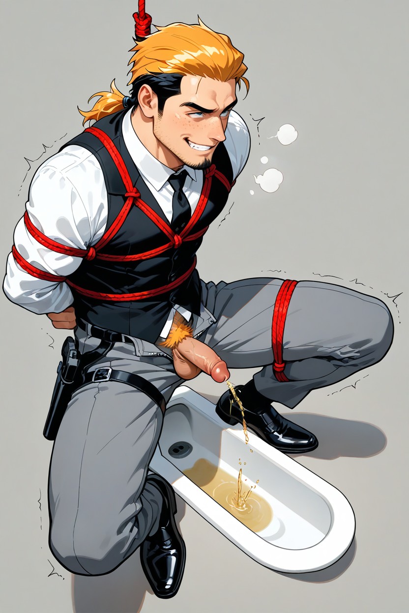 Blond Hair, Gun Holster Harness On Thigh, Goth Biker ゲイAIポルノ