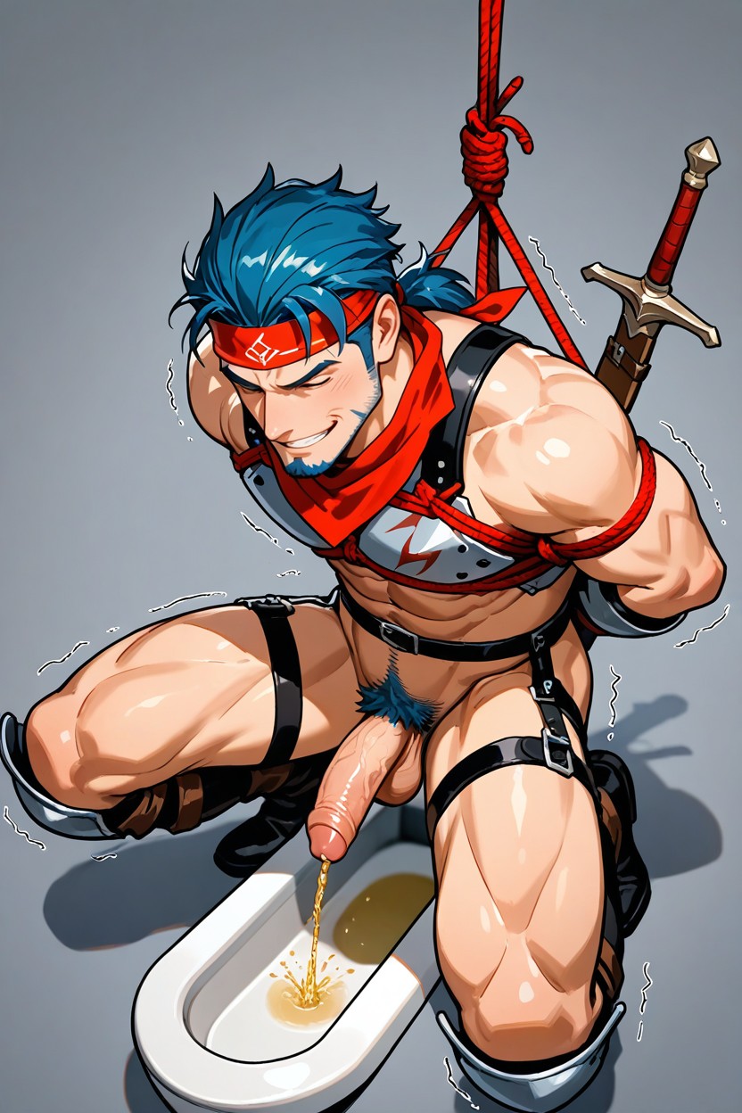 Blue Pubic Hair, Urinating Urine, Kneeling With Legs Spread Apart AI Gay Porn