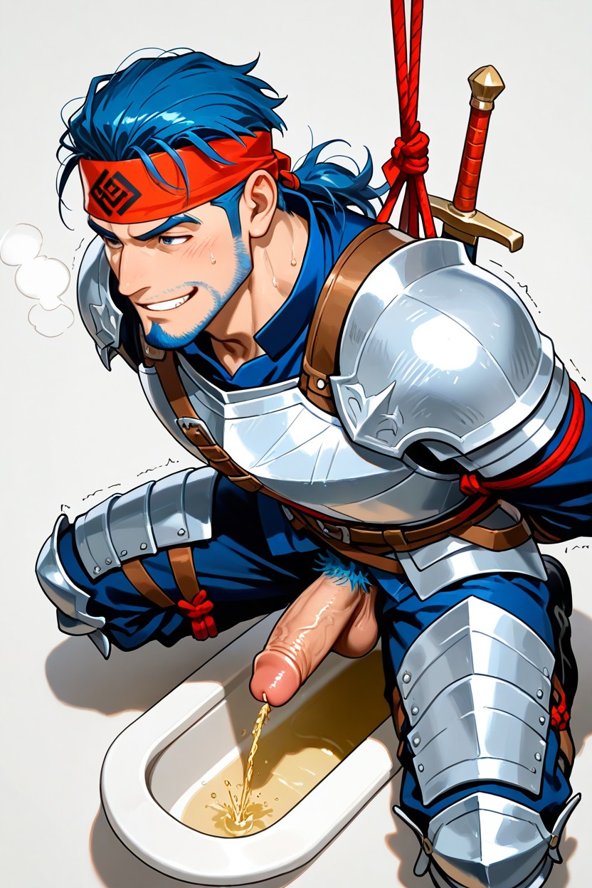 Below Average Penis, Red Bandana Tied Around Forehead, Gray Background ゲイAIポルノ