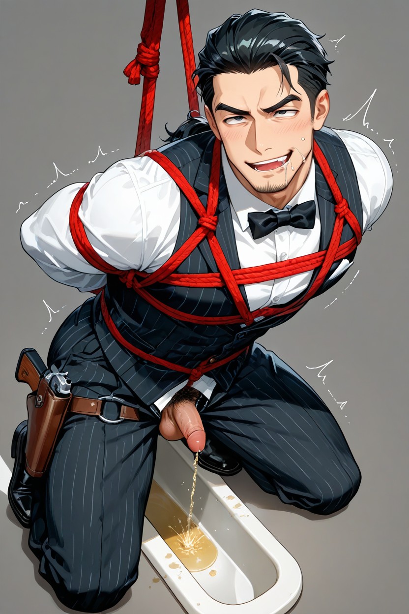 Foot Tall Goth Motorcycle Biker In Bondage, Wearing White Button Up Shirt, Black Smart Dress Shoes ゲイAIポルノ