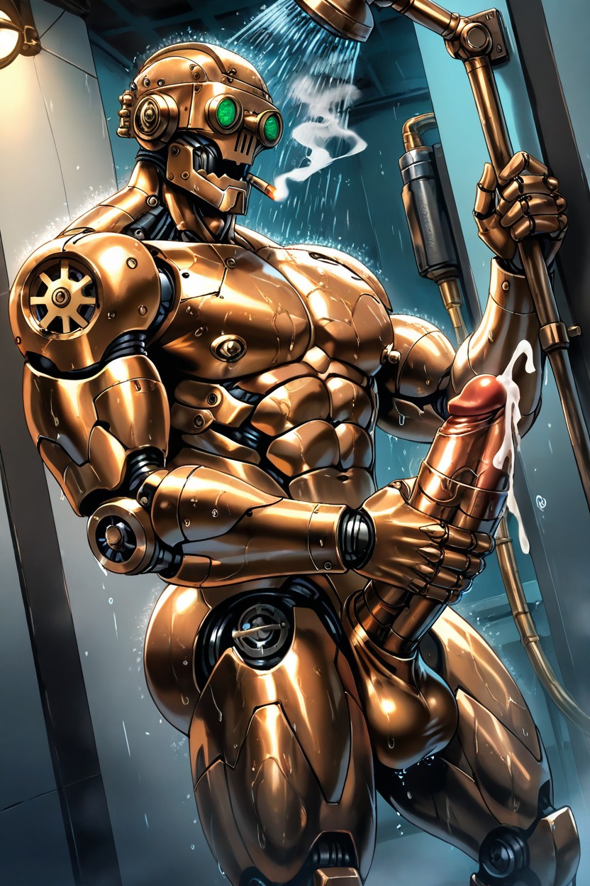 Vintage, Big Robotic Gears Joints In All His Limbs, Large Copper Metalic Oxidized Cock Being Milked AI Gay Porn