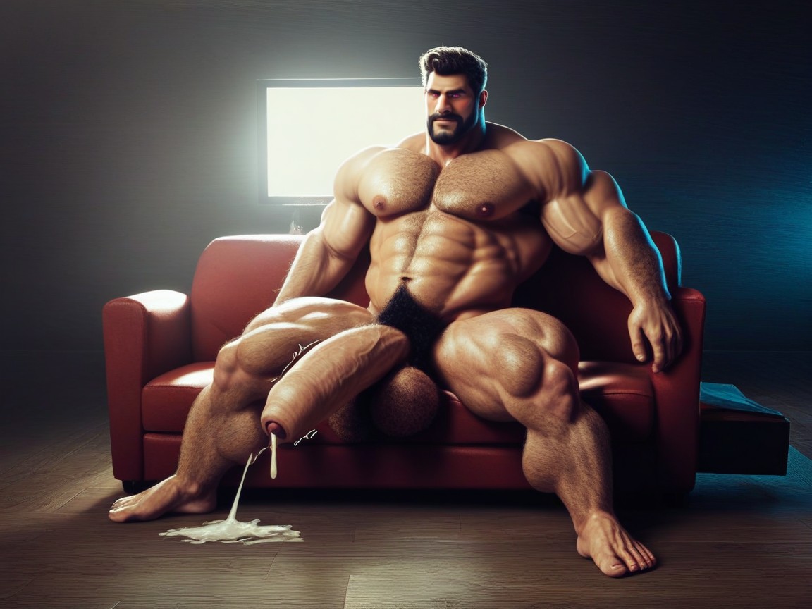 Male Friends, Hairy Broad Hyper Muscular Hyper Middle Aged Man With Handsome Bearded Face, Awkward Boner In Pants AI Gay Porn