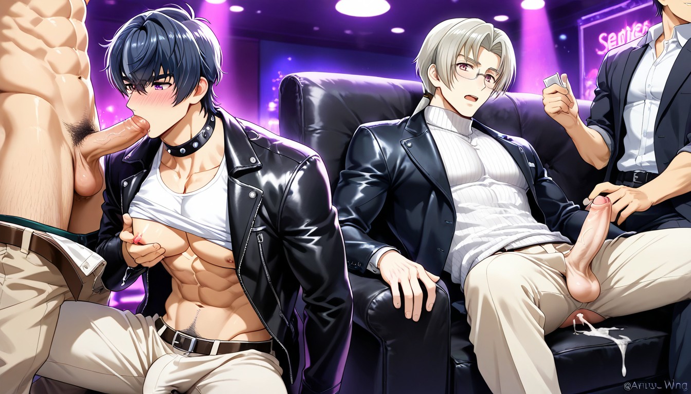 Sucking Cock, Blushing, Leather Harness AI Gay Porn
