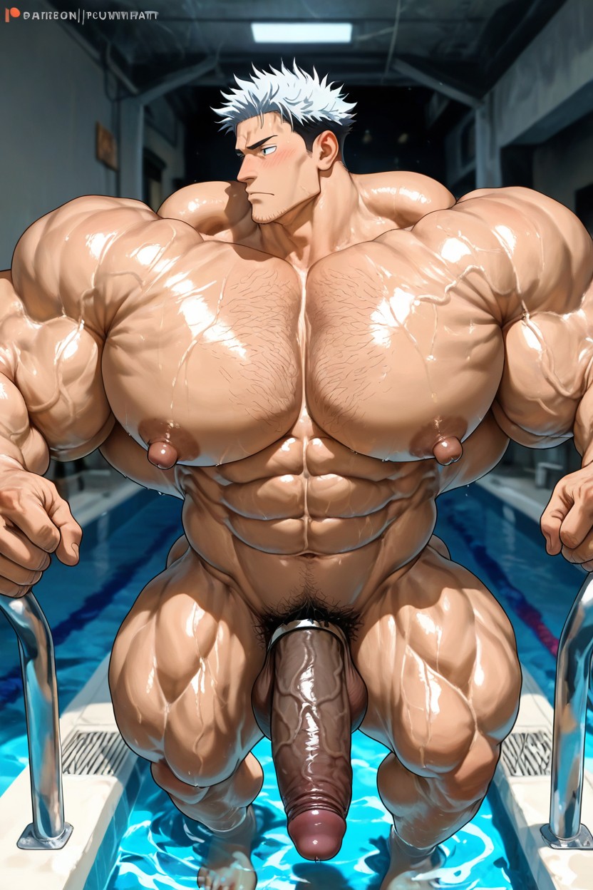 Hair Shaved On Sides, Hyper Exaggerated Gigantic Muscle Physique, Stubble AI Gay Porn