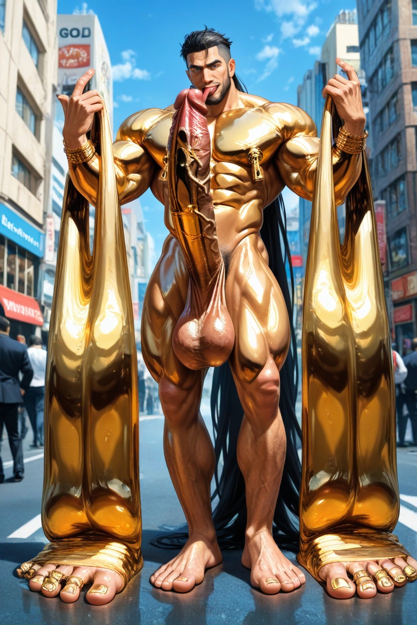 Extra Veiny Cock, 몸보다 큰 음경, Self Licking Gigantic Gold Colour Cock 게이 AI 포르노