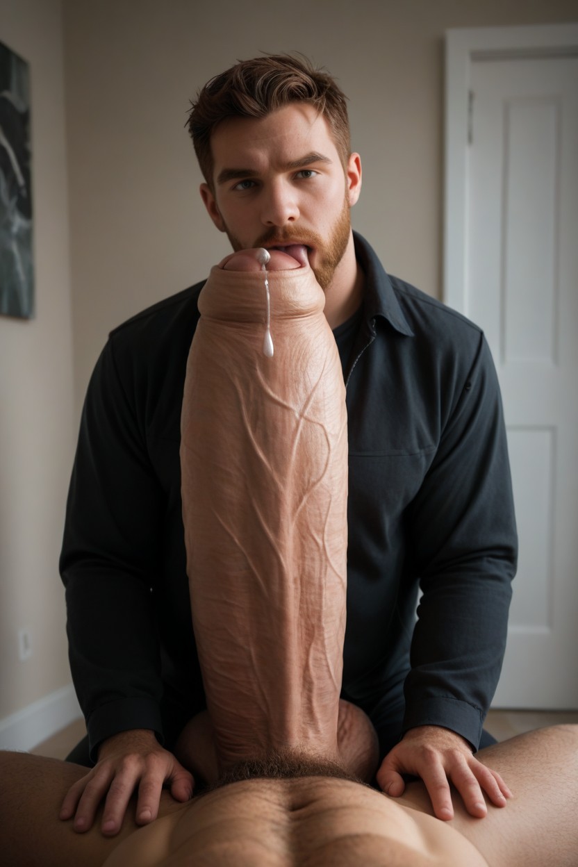 Detailed, Precum Stains And Splatter All Over Face And Clothes, Handsome Bearded Masculine Face AI Gay Porn