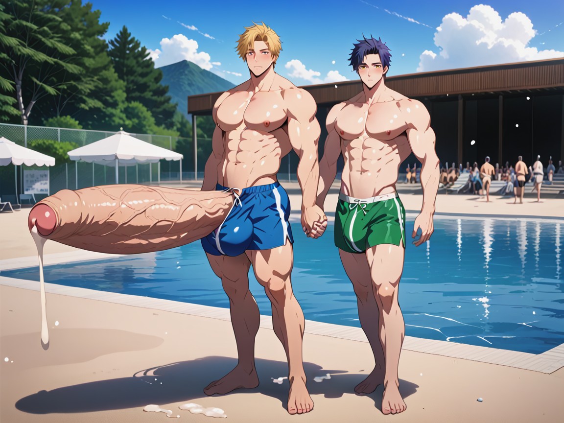 Exhibitionism, Voyeur, Many Men With Flimsy Swimshorts And Visible Bulges 게이 AI 포르노