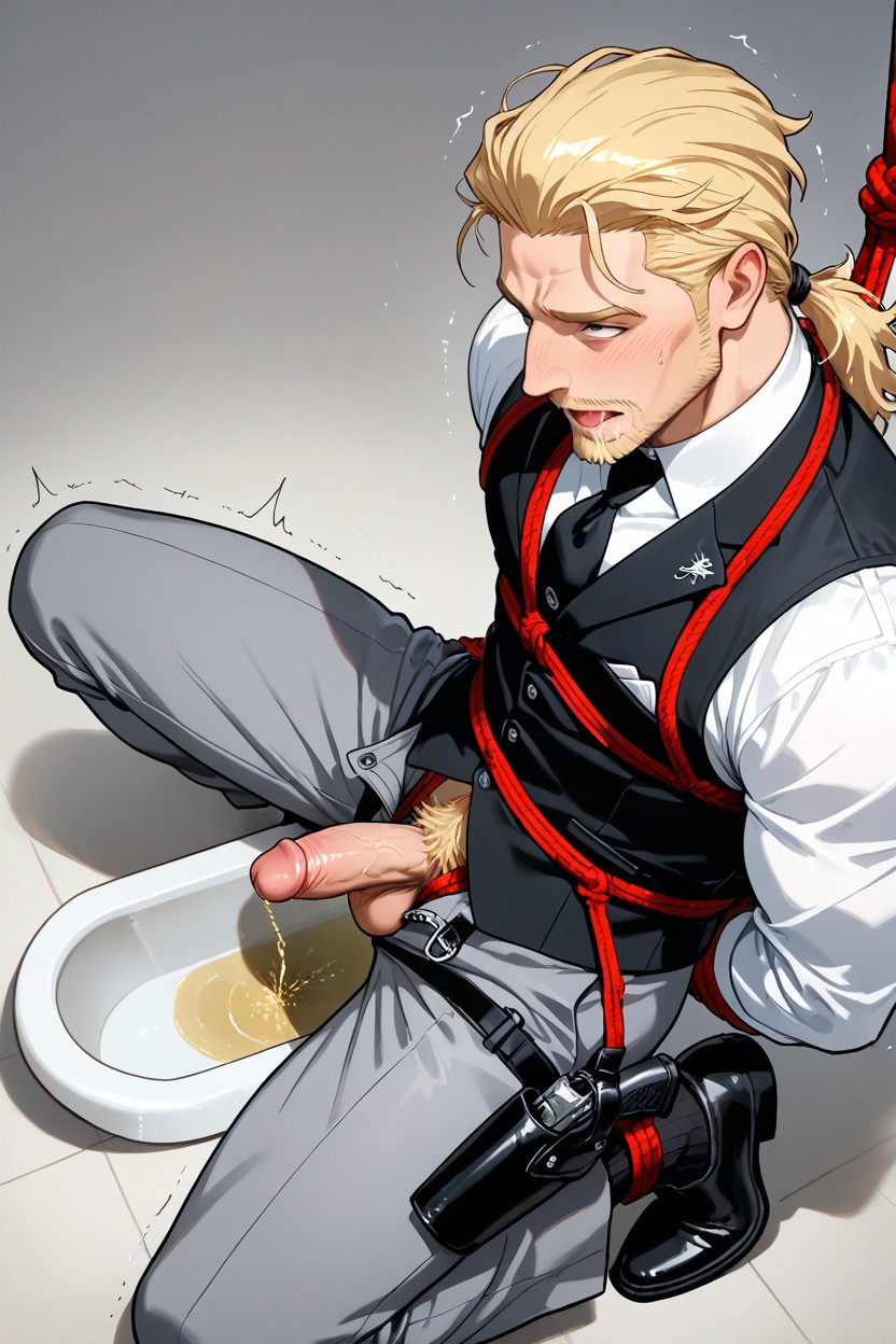 Kneeling With Legs Spread Apart, Suspended By Rope From Above, Scandinavian AI Gay Porn