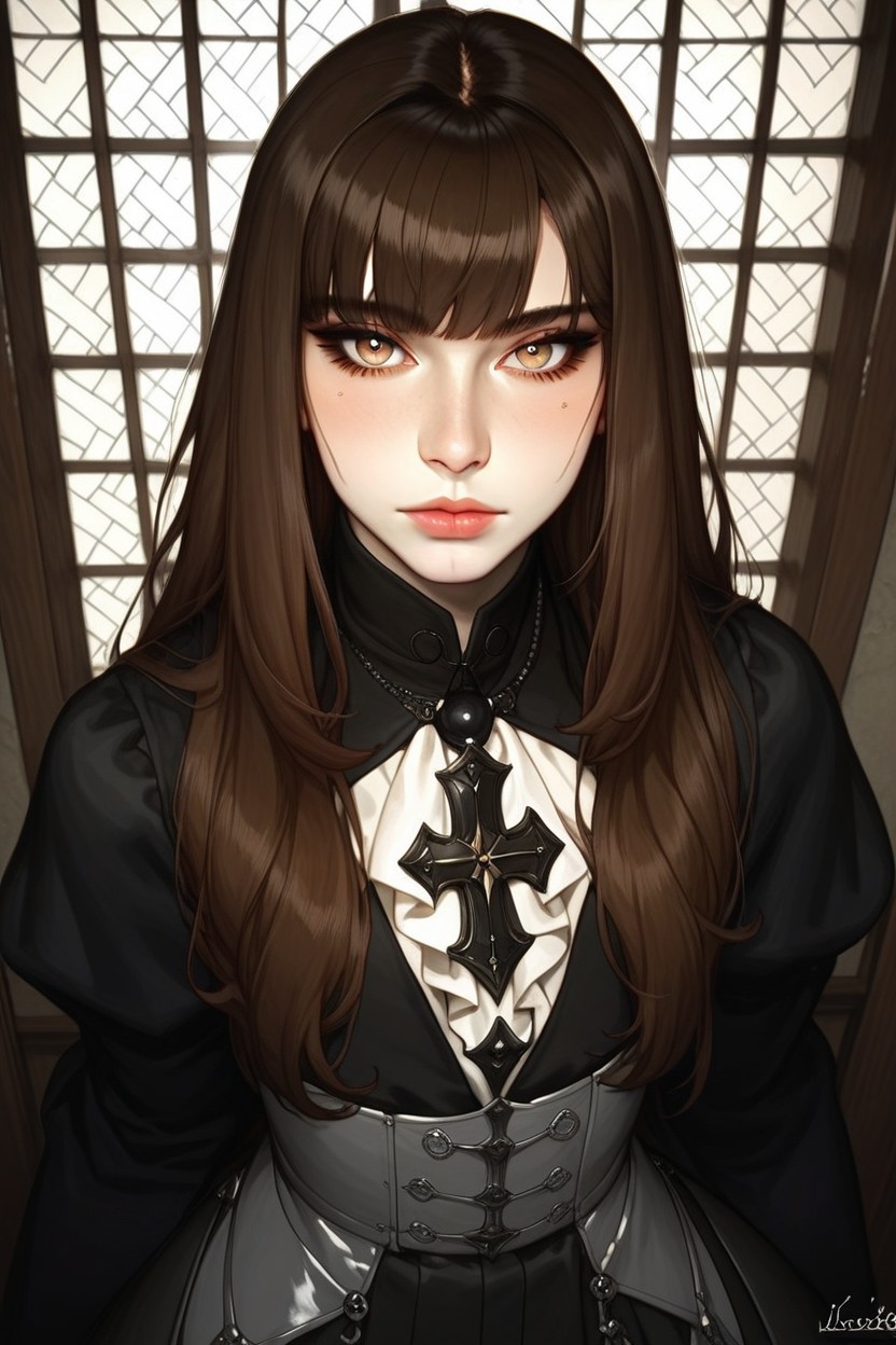 蒼白的皮膚, Long Hair, Dark Brown Hair AI同性戀黃片