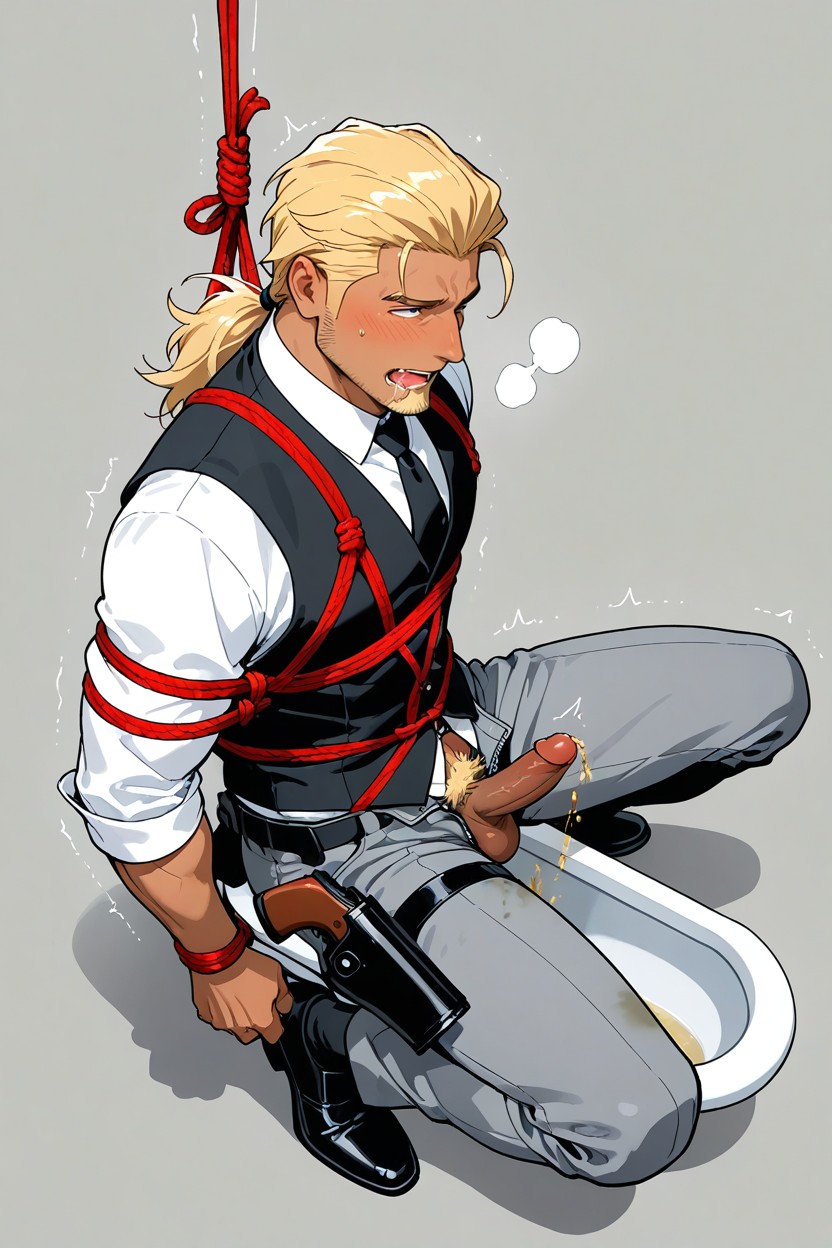 Japanese Style Squat Toilet, Black Waistcoat Vest, Black Smart Dress Shoes AI Gay Porn