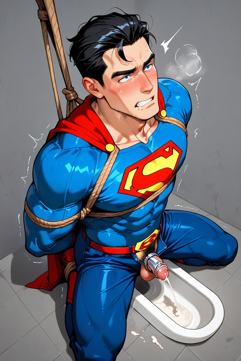 Testicles Out, Suspended By Rope From Above, Superman Outfit AI Gay Porn