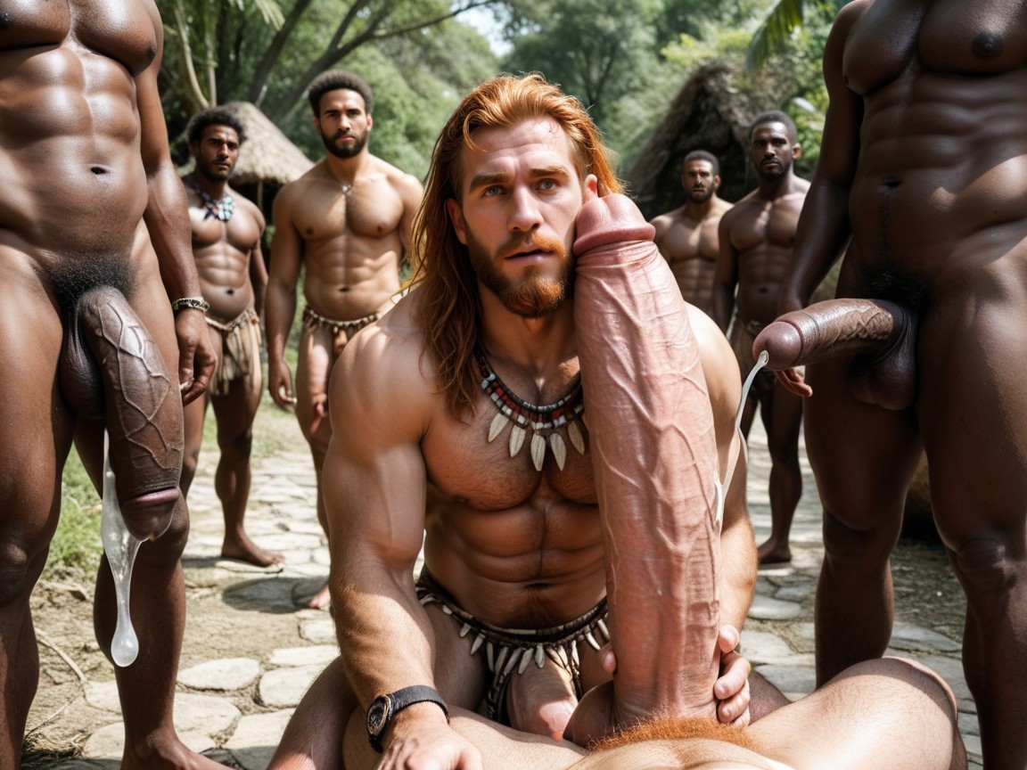 Manly Ginger Guy Sucks Hyper African Dick, Public, Clear Precum Dripping To Floor AI Gay Porn