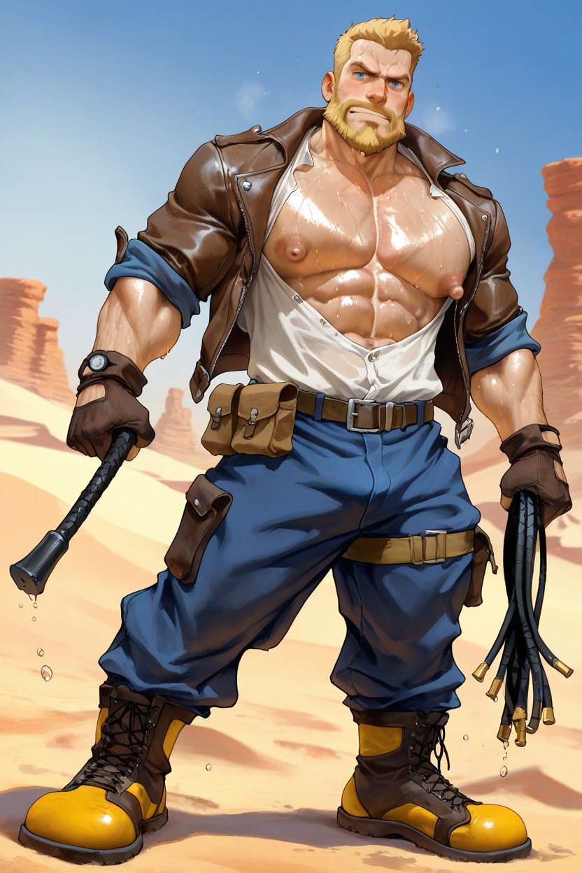 Dynamic Angle, Blond Golden Hair, Weathered Leather Jacket AI Gay Porn