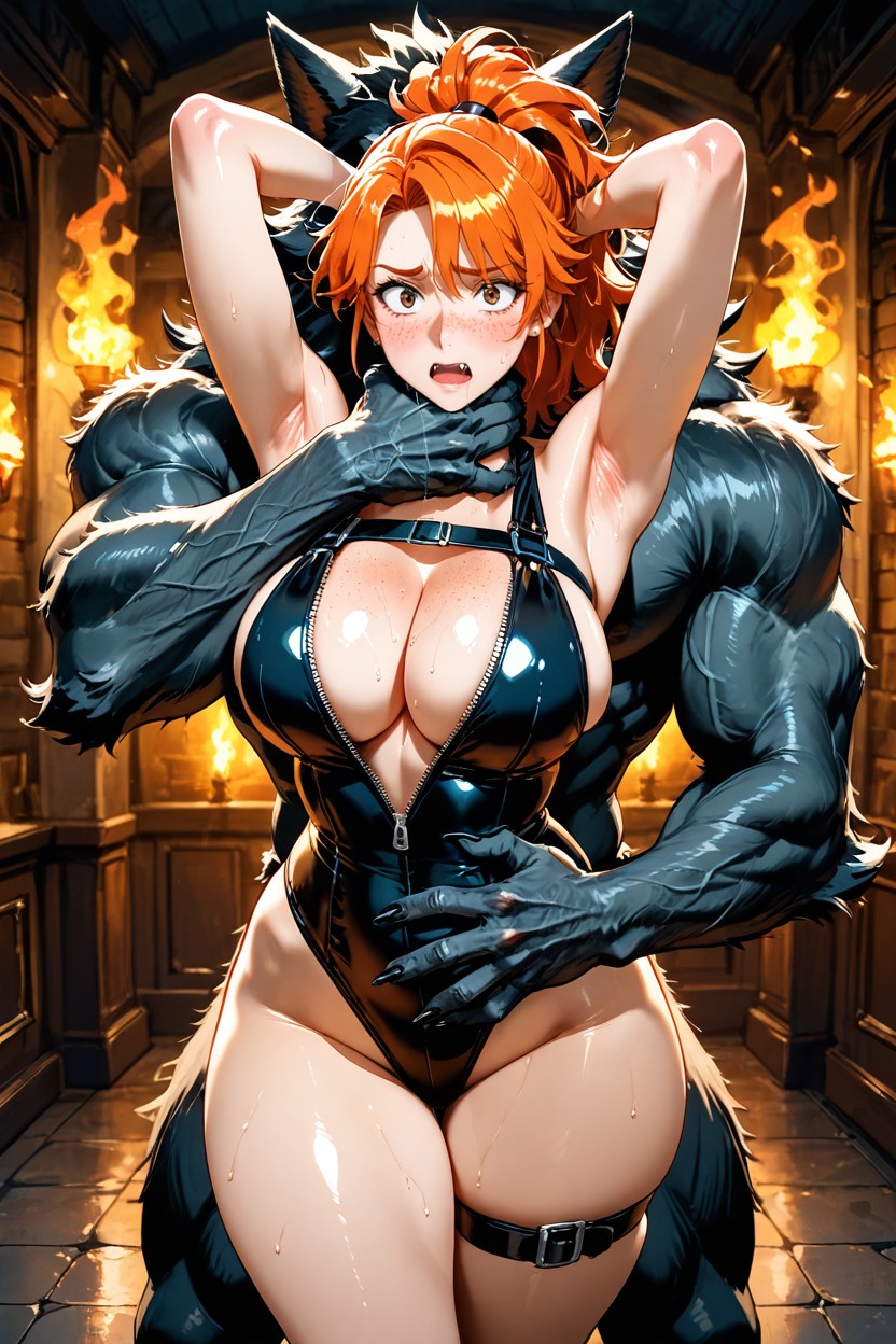Flaming Gothic Castle Setting, Exposed Thighs, Standing AI Gay Porn