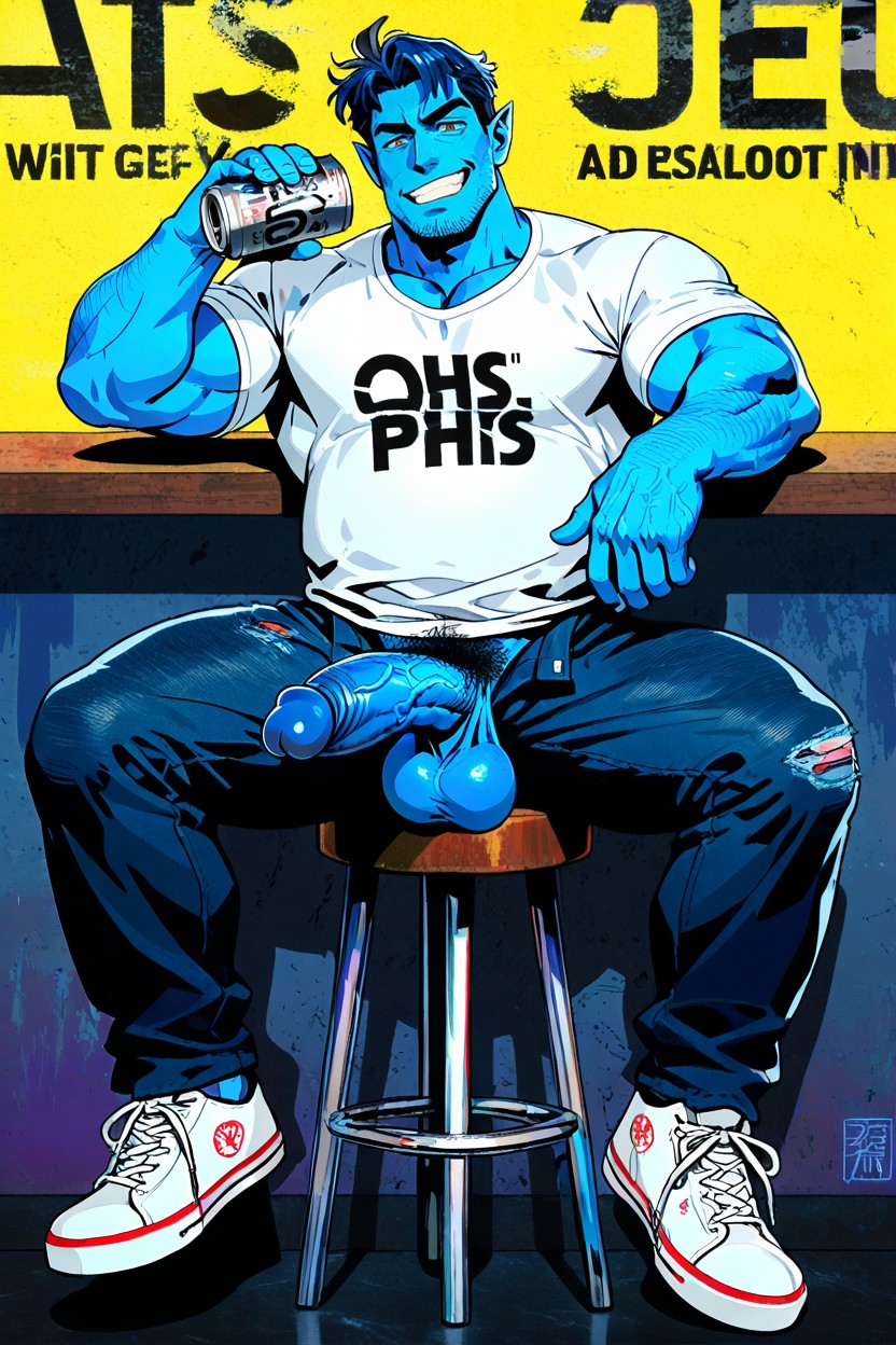 With Pre-ejaculate, Blue Skin And Pointy Ears, Thick AI Gay Porn