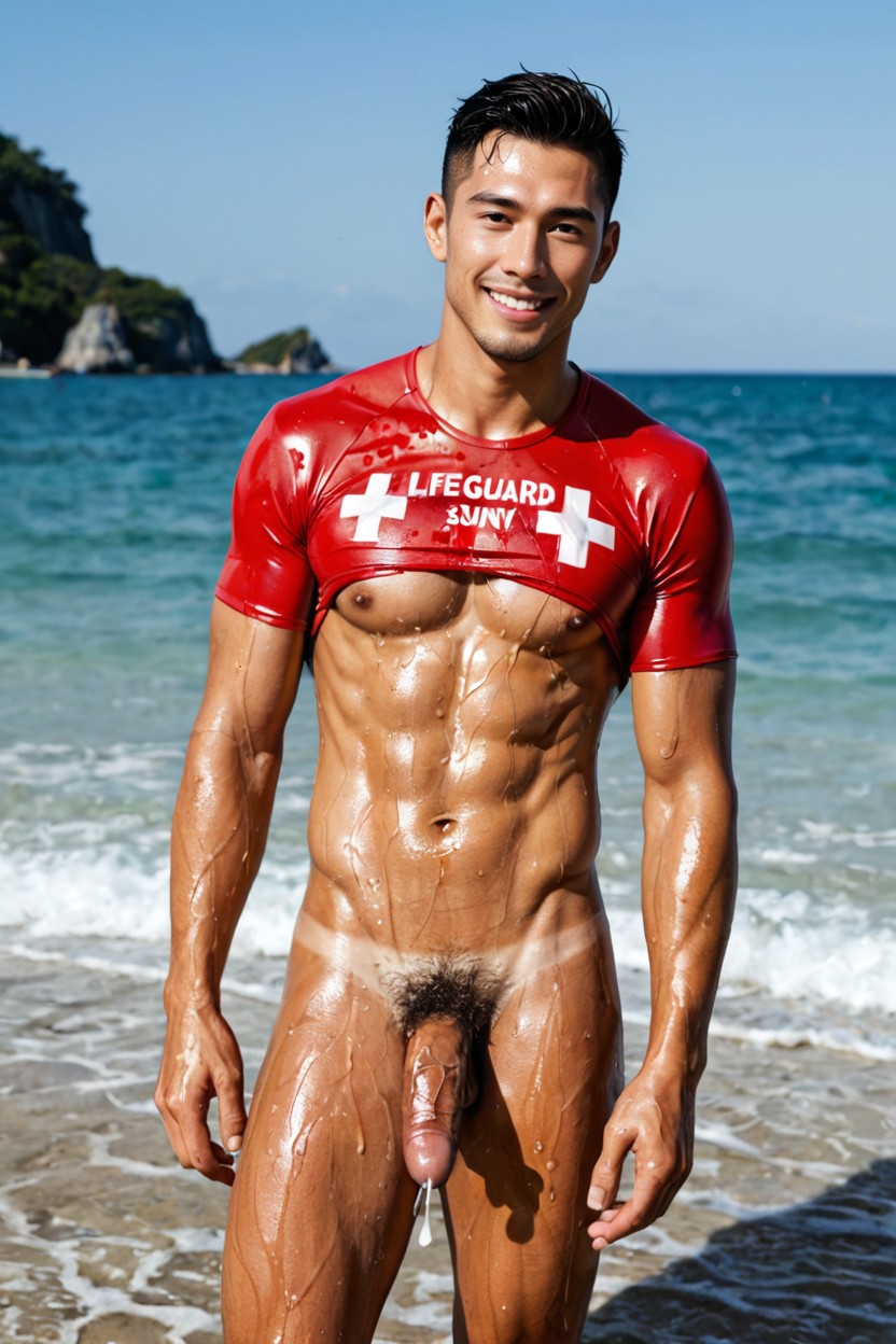 Cum On Stomach, Tan Lines, Beach AI Gay Porn