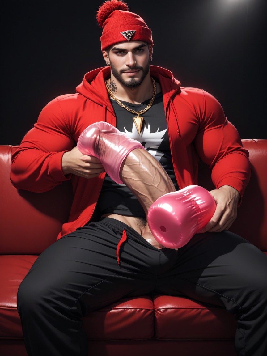 Huge Thick Vibrating Red Hot Black Bbc Cock Looks Like Dildo, Oversized Hoodie, Blushing AI Gay Porn